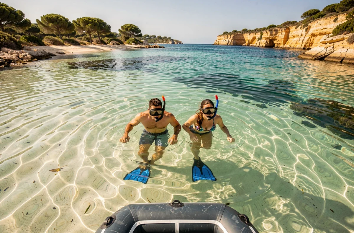 Deux snorkeleurs dans une baie transparente de Porquerolles vus depuis un bateau, fond de sable blanc visible