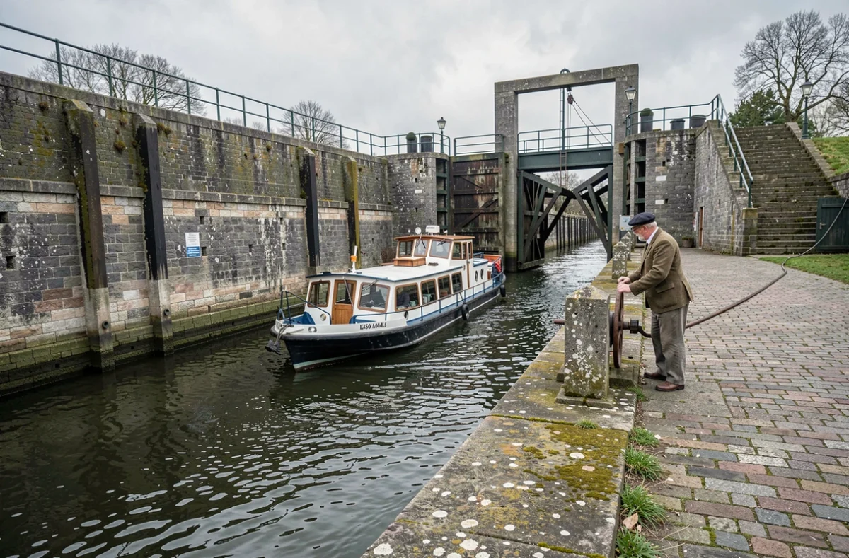 Écluse historique sur un canal des Hauts-de-France avec une péniche touristique attendant de passer