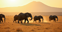 Herde d'éléphants dans la savane avec Kilimanjaro en arrière-plan