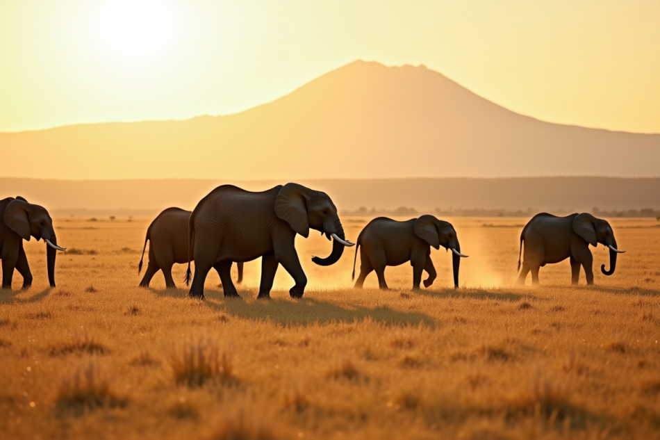 Herde d'éléphants dans la savane avec Kilimanjaro en arrière-plan