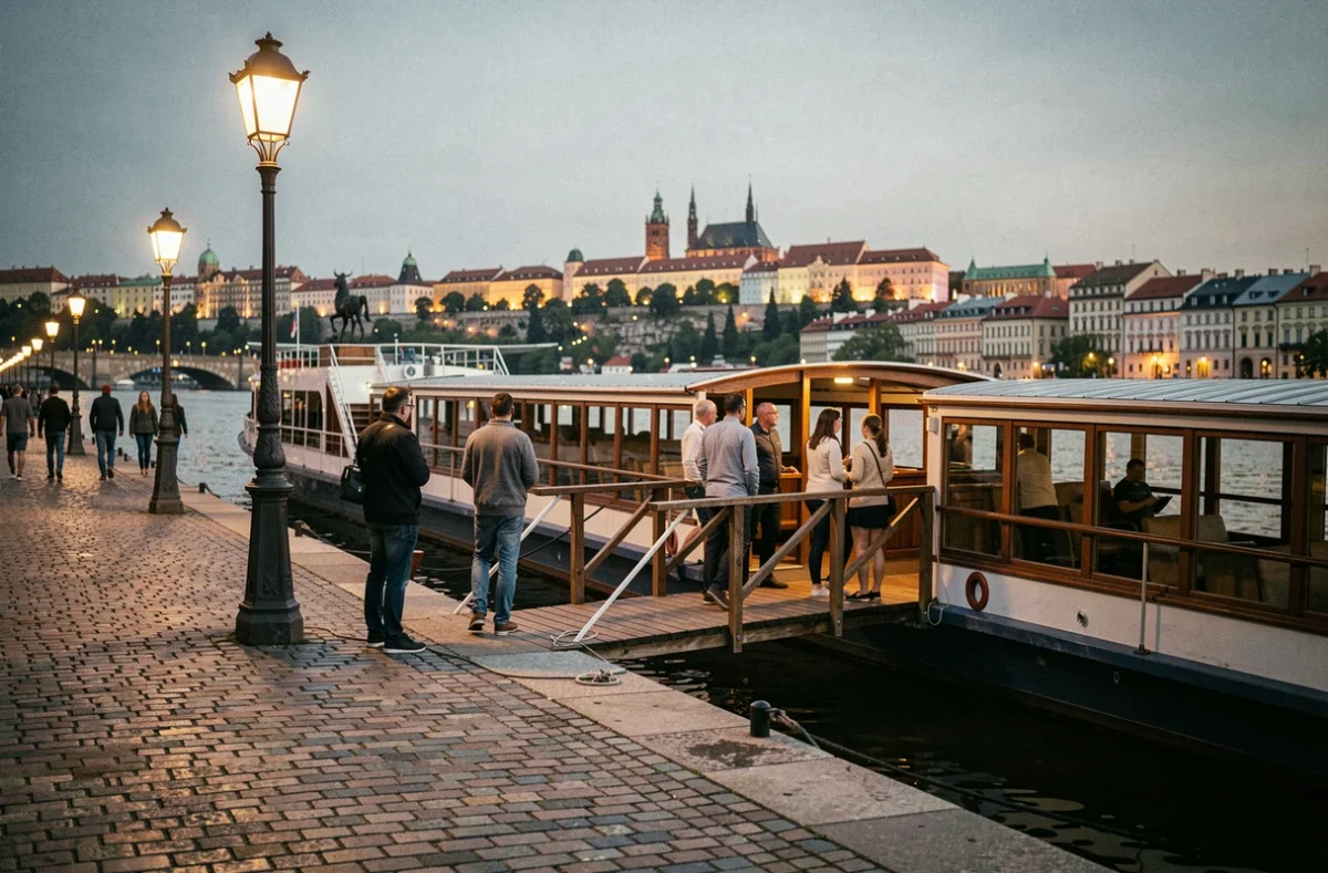 Embarquement de passagers sur un bateau de croisière au bord de la Vltava à Prague au crépuscule