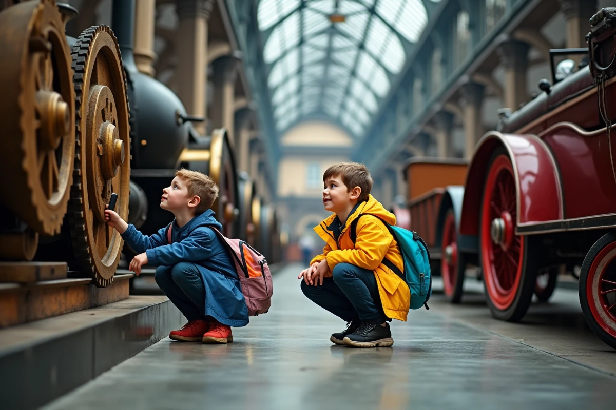 Enfants explorant les expositions interactives du Musée technique national de Prague