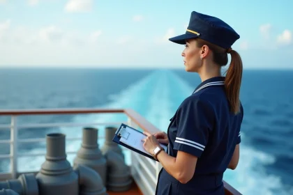 Membre d'équipage féminin en uniforme navy sur le pont