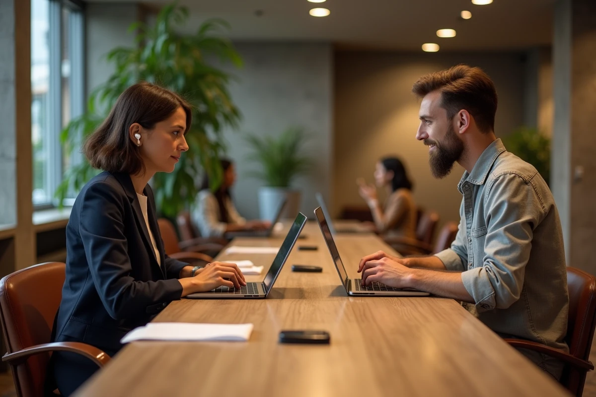 Espace de coworking dans un hôtel avec deux professionnels en télétravail lors d'une daysue, dans un lounge moderne