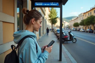 Étudiante consultant son smartphone à un arrêt de bus Marseille Aix-en-Provence avec affichage numérique