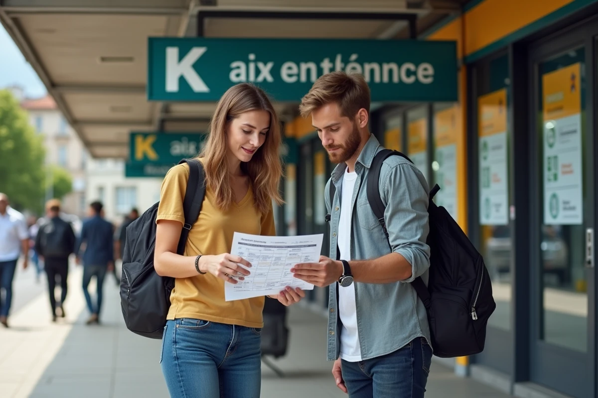 Deux étudiants consultant les horaires de bus à la gare routière d'Aix-en-Provence