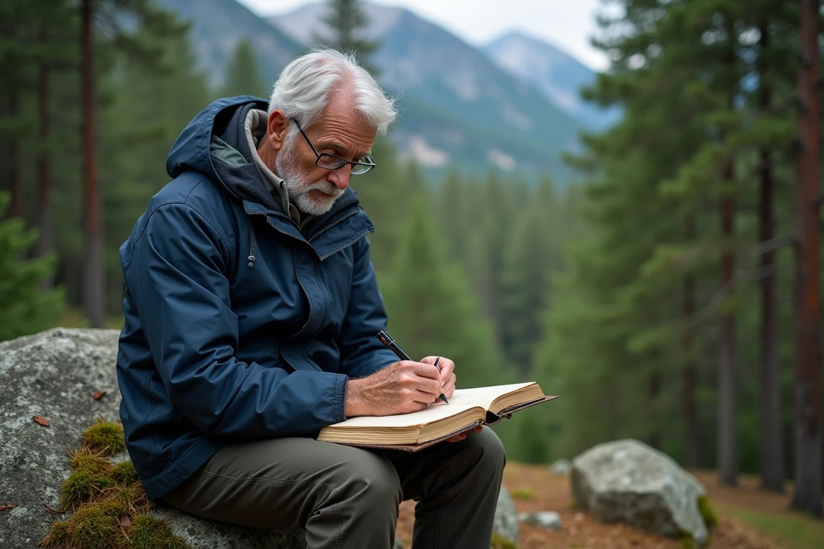 Explorateur prenant des notes dans une forêt dense