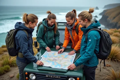 Groupe d'explorateurs discutant sur un cap rocheux