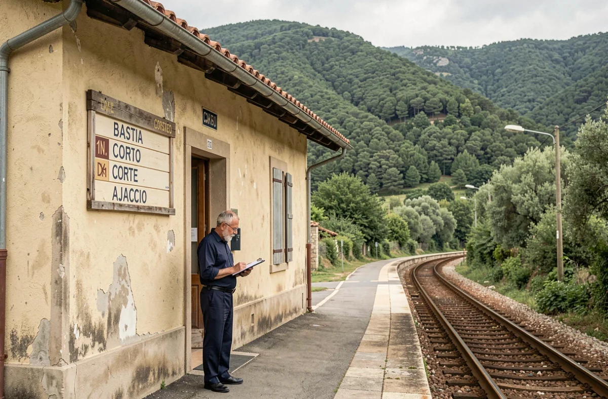 Façade d'une gare corse avec panneau des arrêts et employé sur le quai du train régional