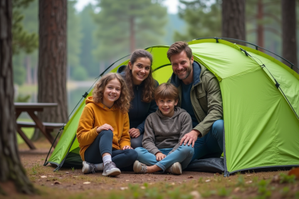 Famille de quatre installant une tente dans la forêt