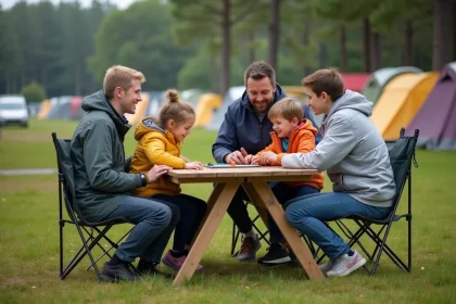 Famille souriante jouant à un jeu de société en camping