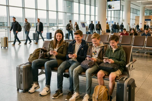 Famille utilisant leurs téléphones et tablettes dans un terminal d'aéroport pour partager des données mobiles en voyage