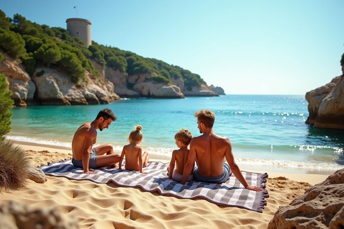 Famille de quatre sur la plage de Fautea avec serviettes
