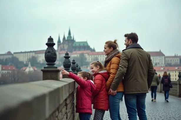 Famille avec enfants sur le Pont Charles à Prague avec le château en arrière-plan