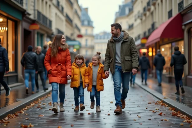 Famille se promenant dans le quartier Alésia à Paris, avec des façades haussmanniennes et une boulangerie en arrière-plan