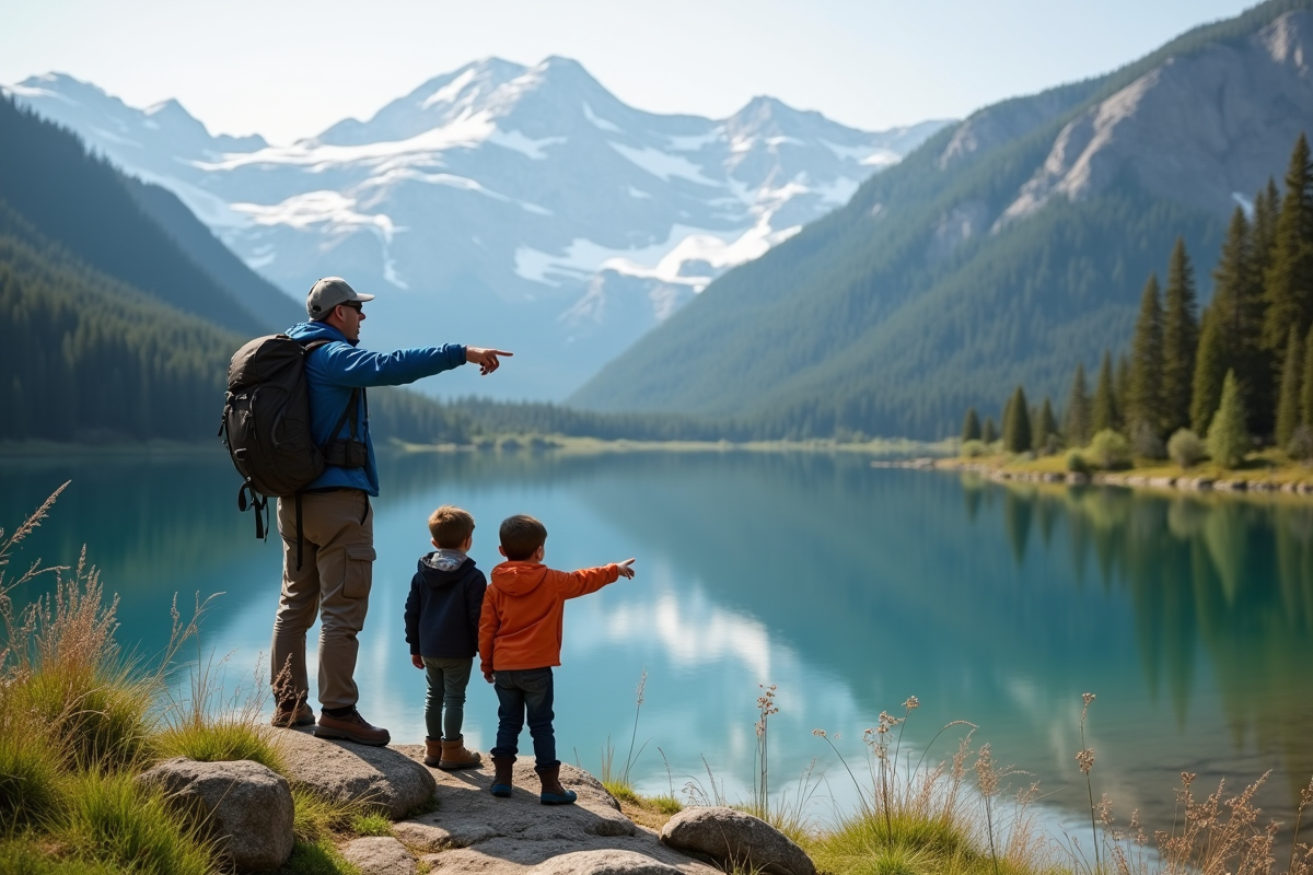 Famille en randonnée au bord d’un lac de montagne
