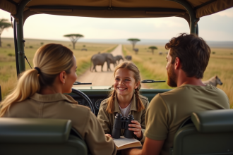 Famille en safari dans la savane africaine avec jeep et jumelles
