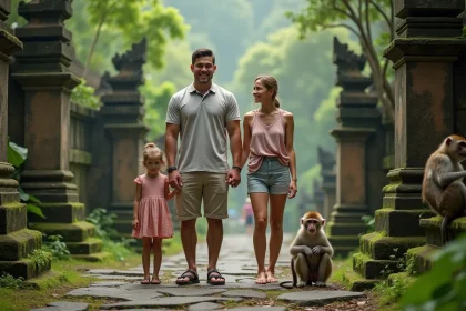 Famille dans la forêt sacrée de singes à Bali