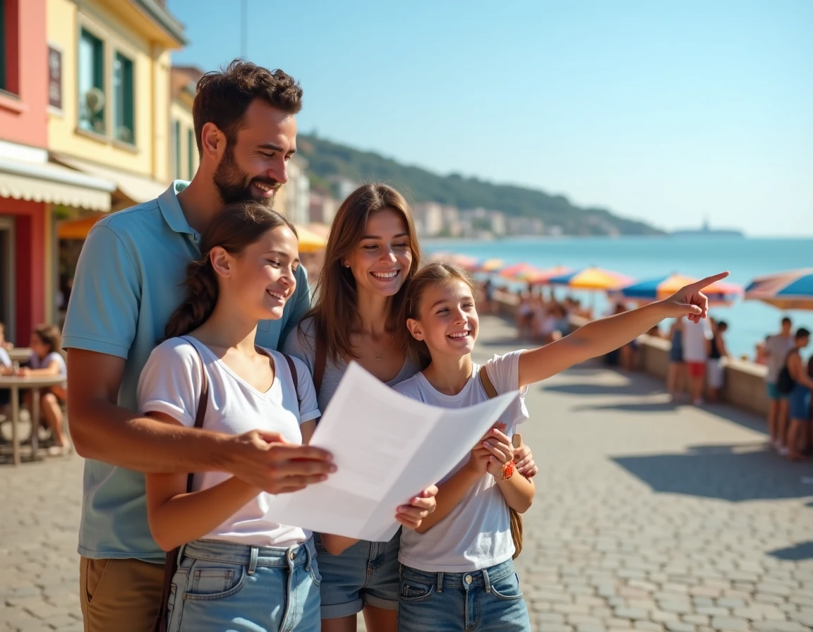 Famille en vacances au bord de mer consultant leur itinéraire lors d'un voyage abordable en août