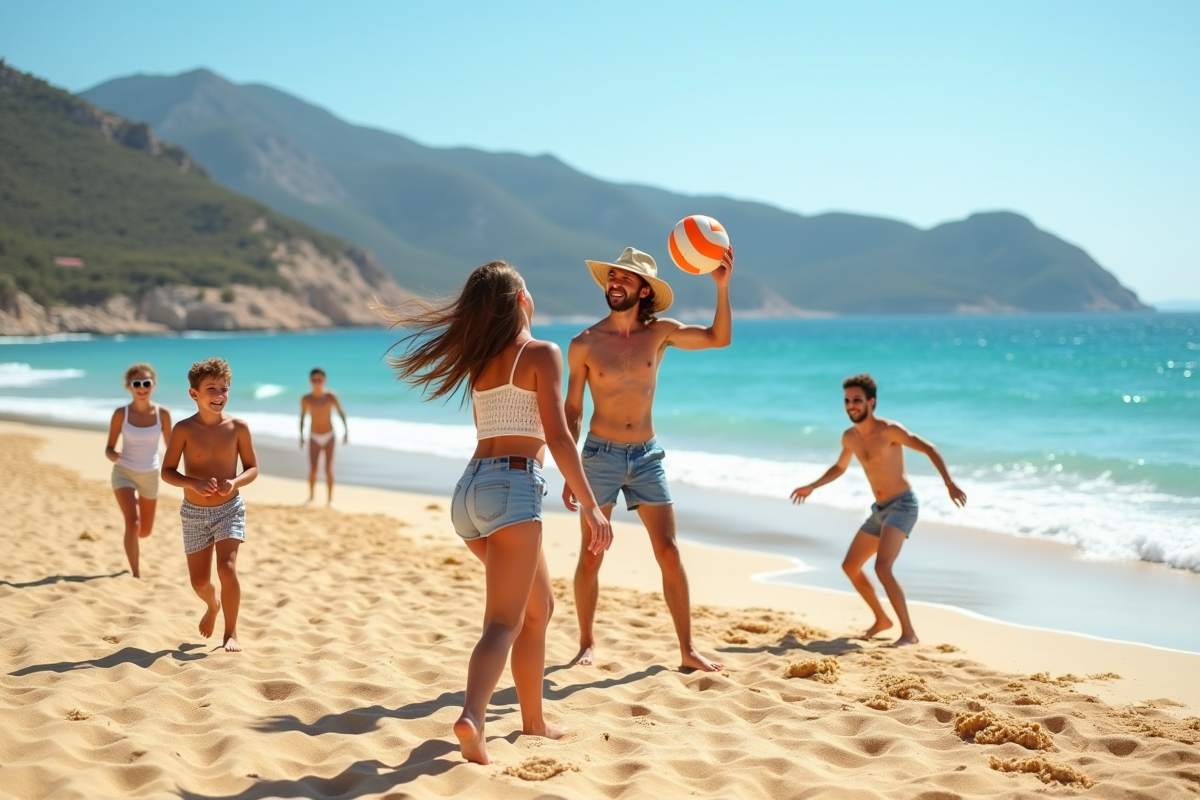 Famille jouant au volley sur la plage d'Agay en été