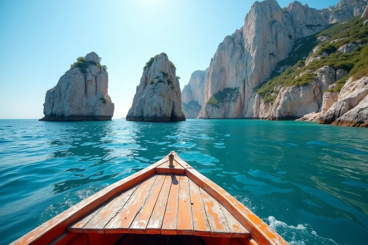 Les rochers Faraglioni de Capri vus depuis un bateau de pêche sur la mer Tyrrhénienne turquoise