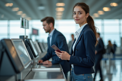 Femme au check-in d'aéroport avec passeport et boarding