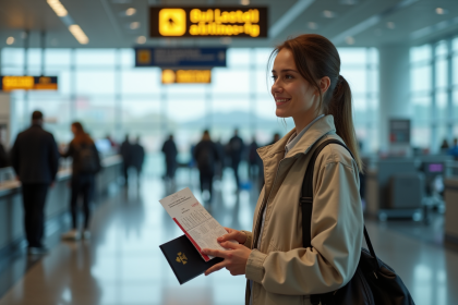 Femme avec passeport et billet à l'aéroport