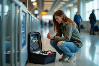 Jeune femme examinant ses affaires à l'aéroport