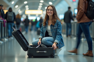 Jeune femme à l'aéroport triant ses bagages pour le voyage