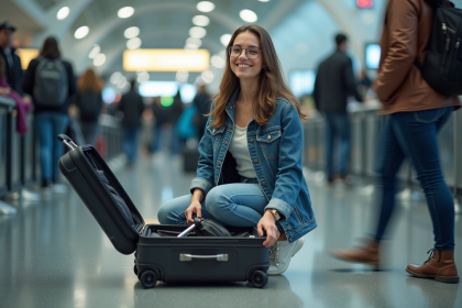 Jeune femme à l'aéroport triant ses bagages pour le voyage