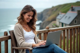 Femme souriante sur balcon avec vue sur la mer en Bretagne