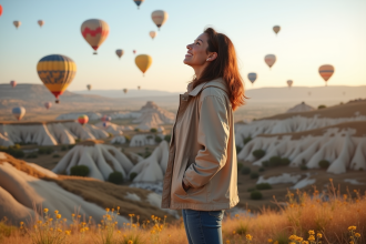 Jeune femme souriante regardant les ballons à Cappadoce