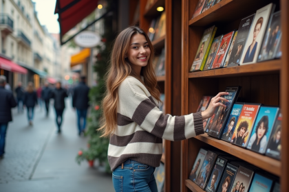 Femme souriante devant une boutique DVD à Paris