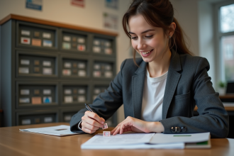 Jeune femme au bureau remplissant un formulaire de demande de permis