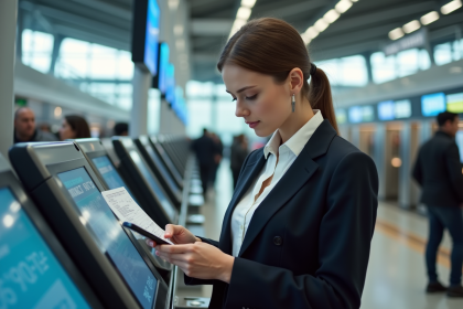 Jeune femme en costume remplissant un billet de train