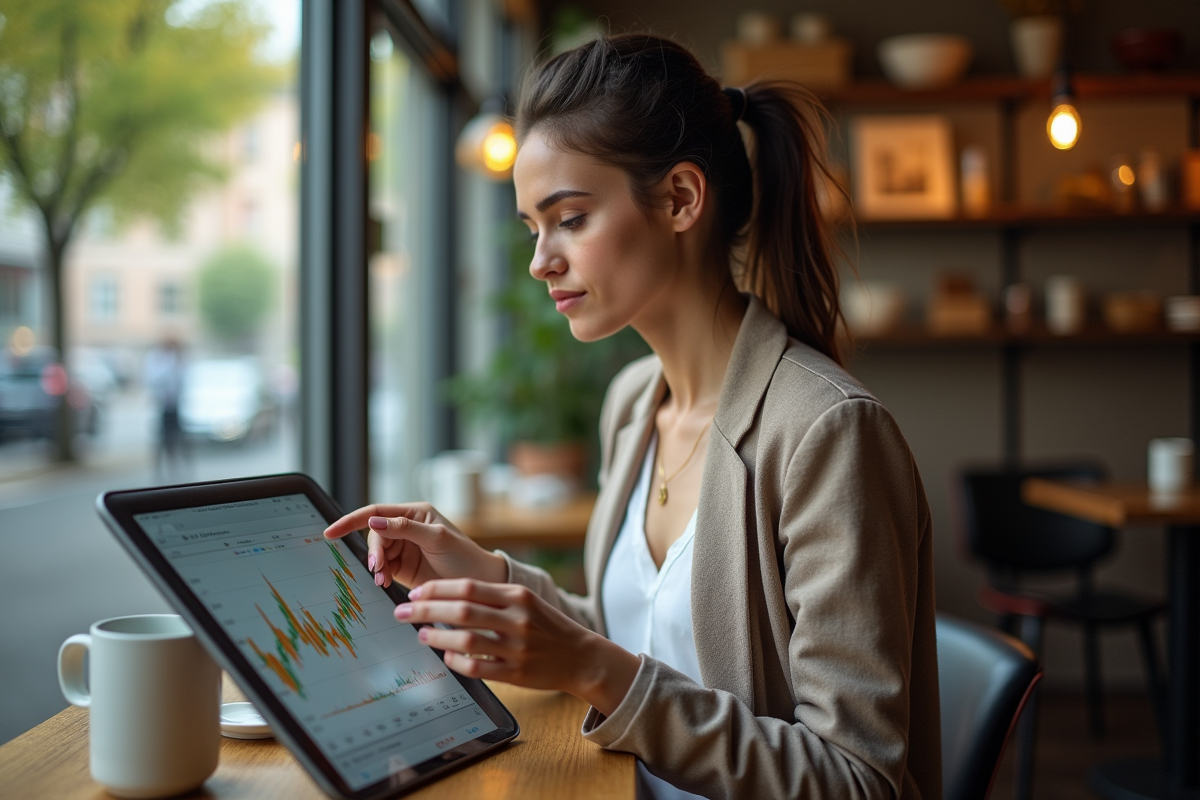 Jeune femme au café regardant des graphiques financiers sur tablette