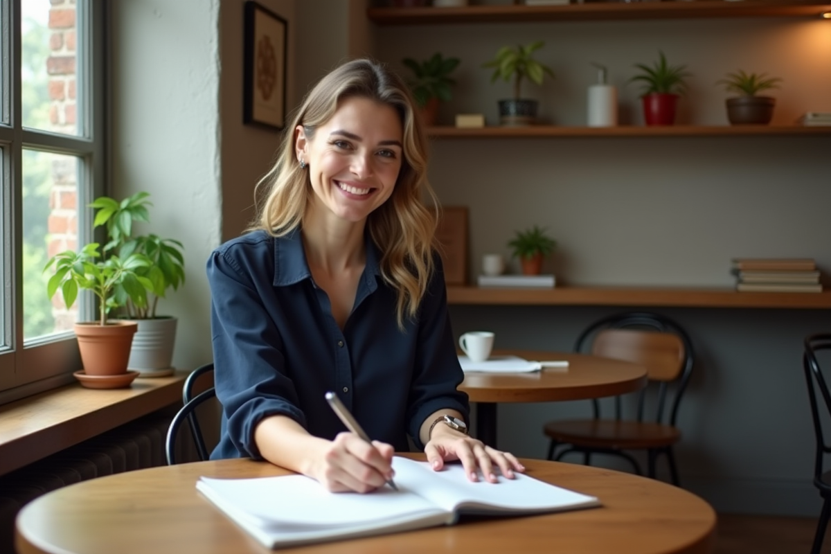 Femme écrivant dans un carnet au café