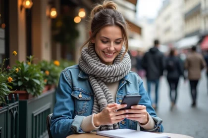 Femme souriante dans un café parisien en terrasse