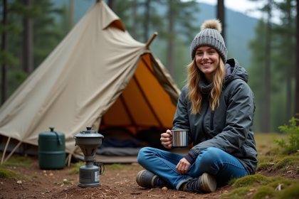 Jeune femme en camping souriante en forêt