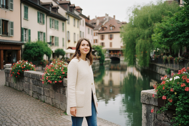 Jeune femme souriante dans les canaux d Annecy