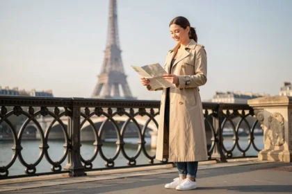 Femme souriante avec une carte de Paris sur le Pont de Bir-Hakeim avec la Tour Eiffel en arrière-plan