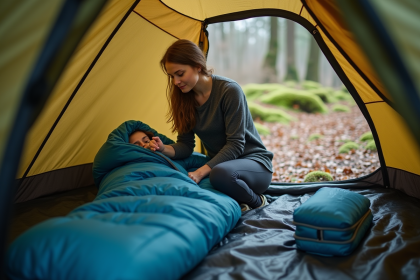 Jeune femme prépare son sac de couchage dans une tente en forêt
