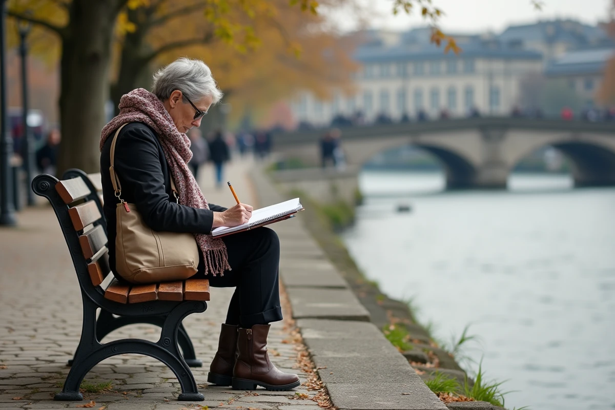 Femme dessinant au bord du Rhône à Lyon