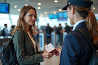 Femme enregistrement à l'aéroport avec agent et passeport