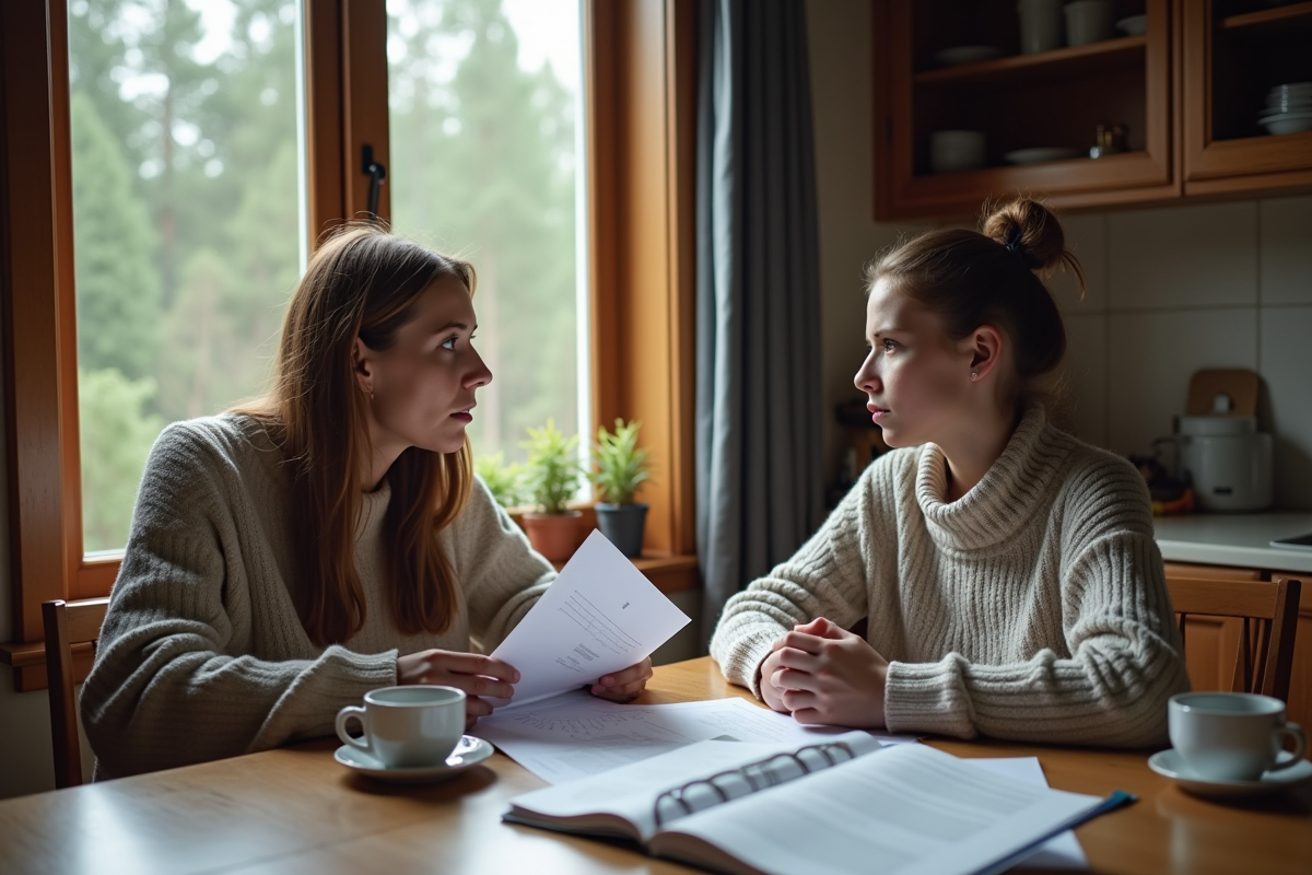 Femme et adolescente discutant des factures de secours en cuisine