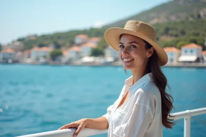 Jeune femme souriante sur un ferry vers Chalki