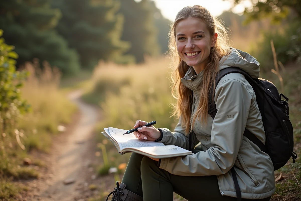 Jeune femme planifiant son étape sur un chemin forestier