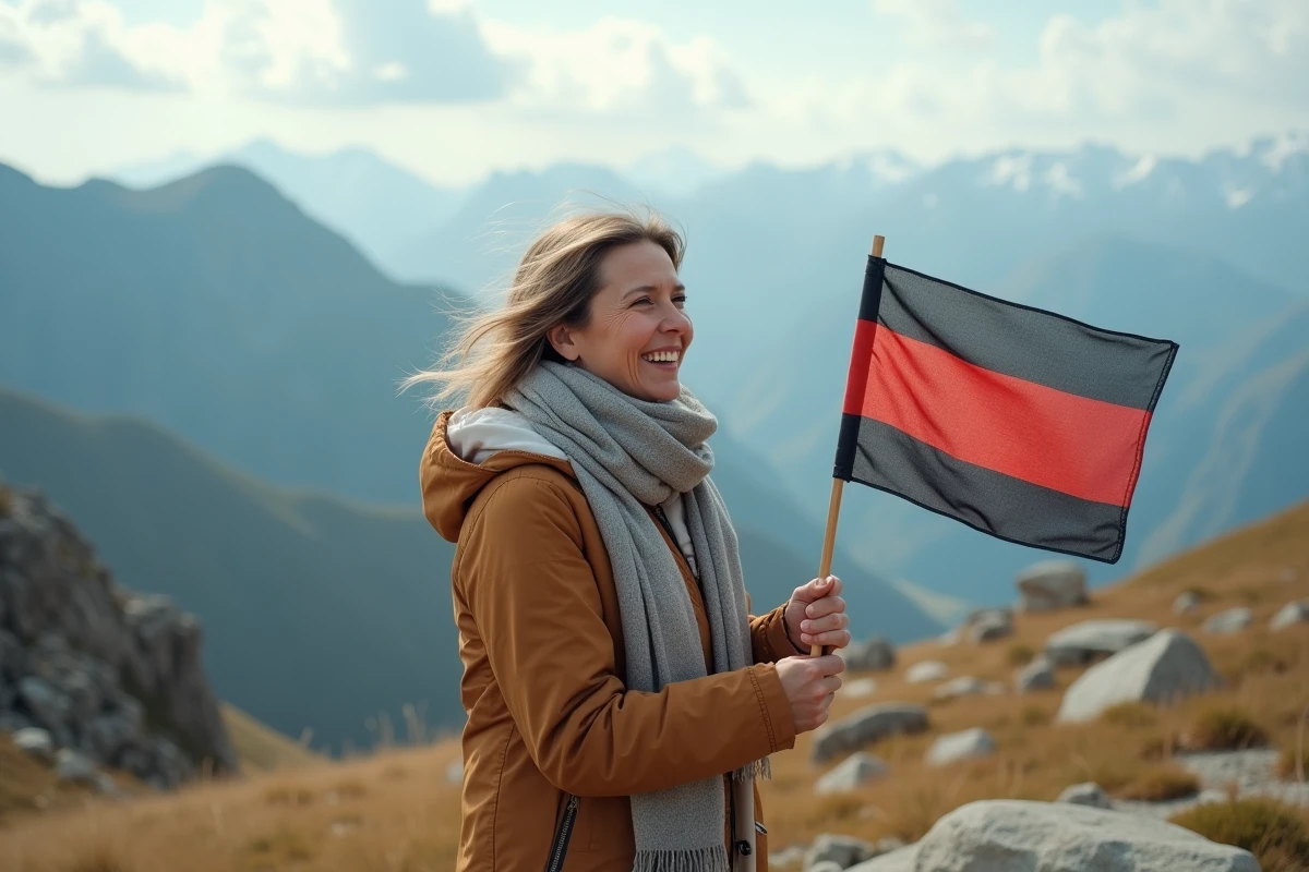 Femme souriante tenant un petit drapeau en montagne