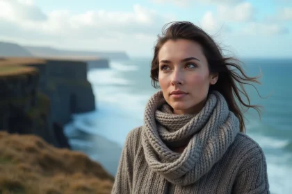Femme islandaise regardant la mer depuis la côte