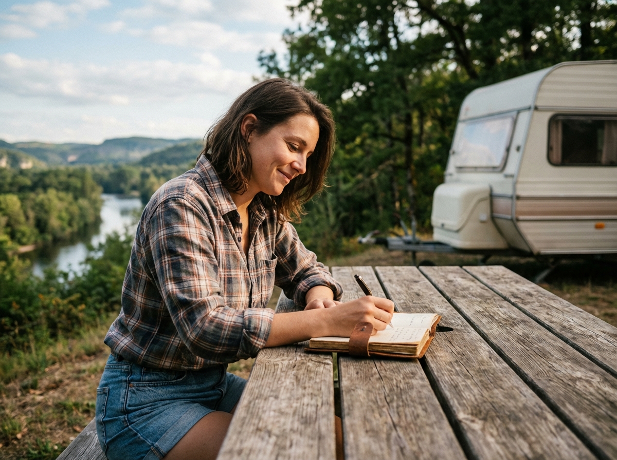 Jeune femme écrivant dans un journal de voyage